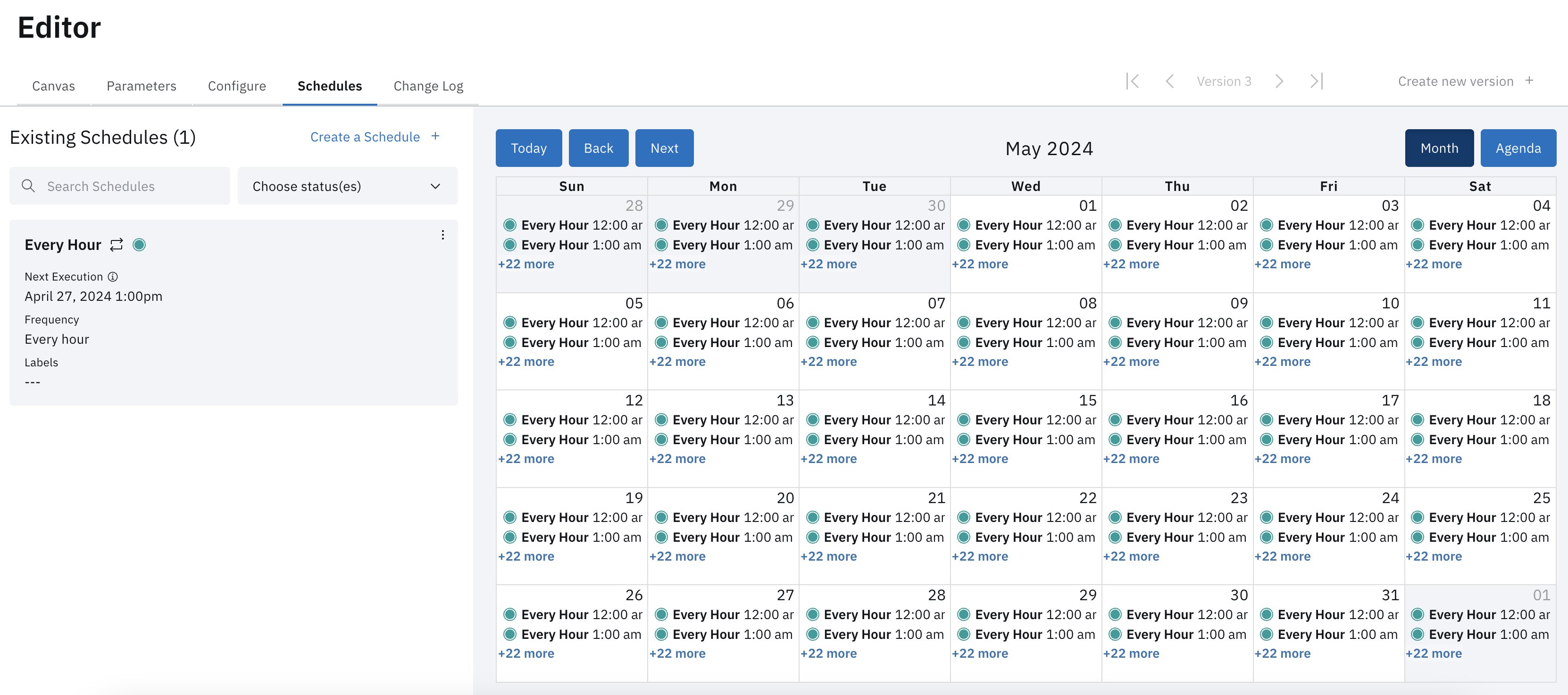 The Flow schedules page with a calendar of upcoming runs